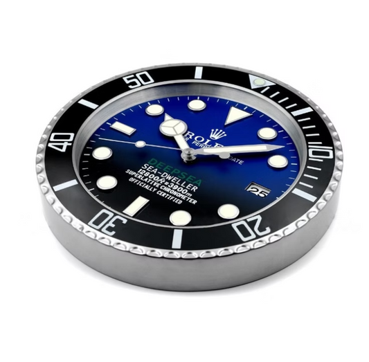 Side view showing polished steel frame of Rolex DeepSea Wall Clock