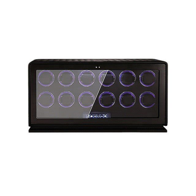Luxury watch winder with multiple rotating slots, LED lighting, and touchscreen control. Features a silent Japanese motor, premium leather and steel design, and Swiss craftsmanship for elegant automatic watch care and display.