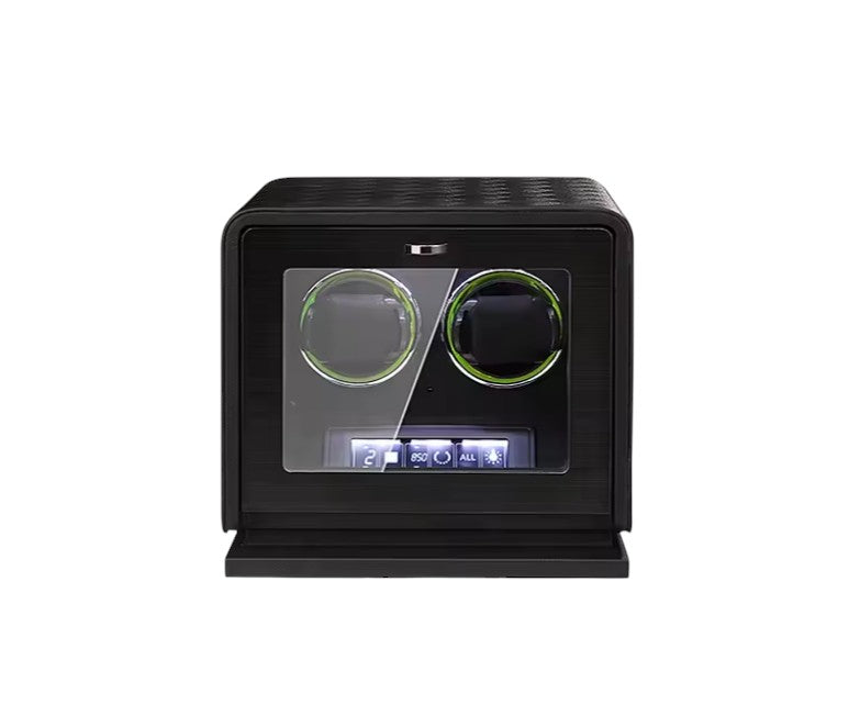 Black watch winder with two rotating wheels, premium watch winder, orange black watch winder, luxury leather watch case, touchscreen watch winder, clockwise counterclockwise rotation, independent motor control