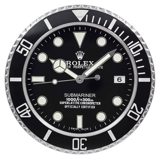 Rolex Submariner watch face with black dial and silver bezel, Designer submariner inspired wall clock