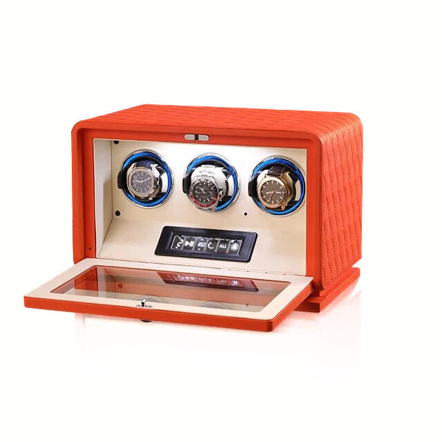 Open view of the Bwatche GrandTourner Luxe 3-Watch Winder with LED illumination.