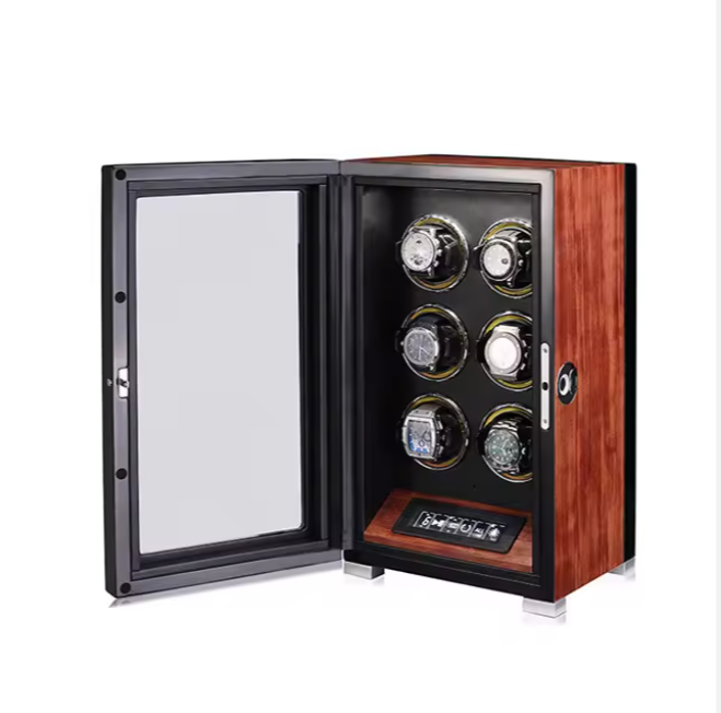 Six automatic watches rotating inside ebony wood Bwatches watch winder box, showcasing real use and smooth motion