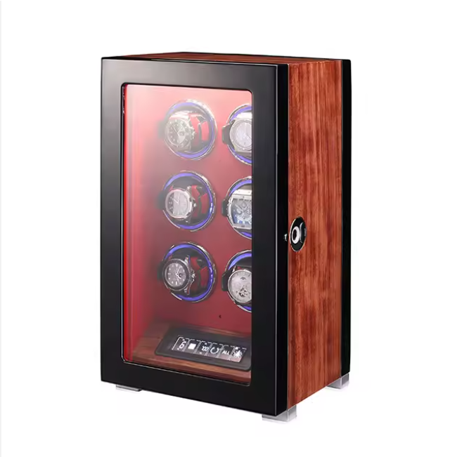 Six automatic watches rotating inside luxury rosewood winder box