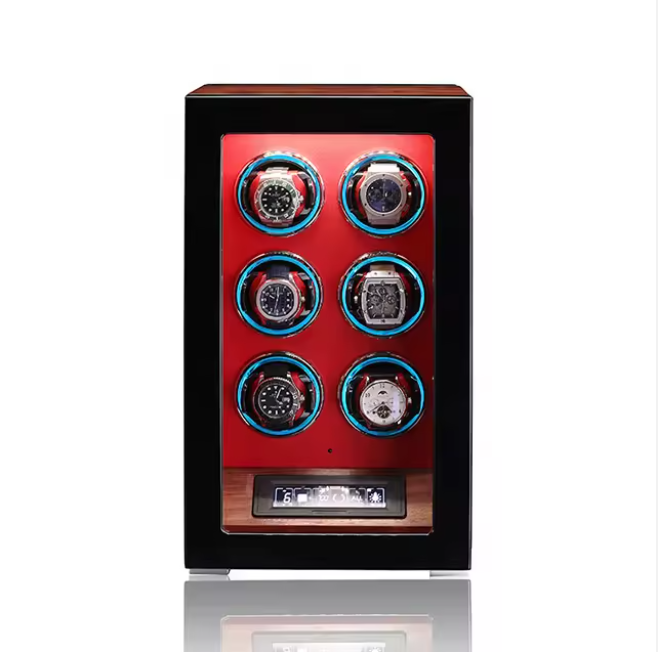 Automatic watch winder box with glass door, ebony finish, and blue LED lights
