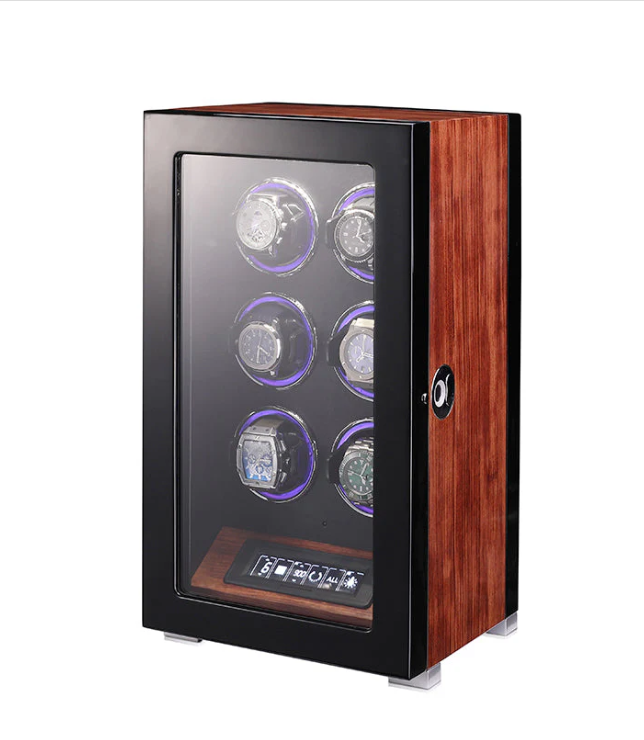Elegant wooden watch winder for six automatic watches with anti-magnetic system