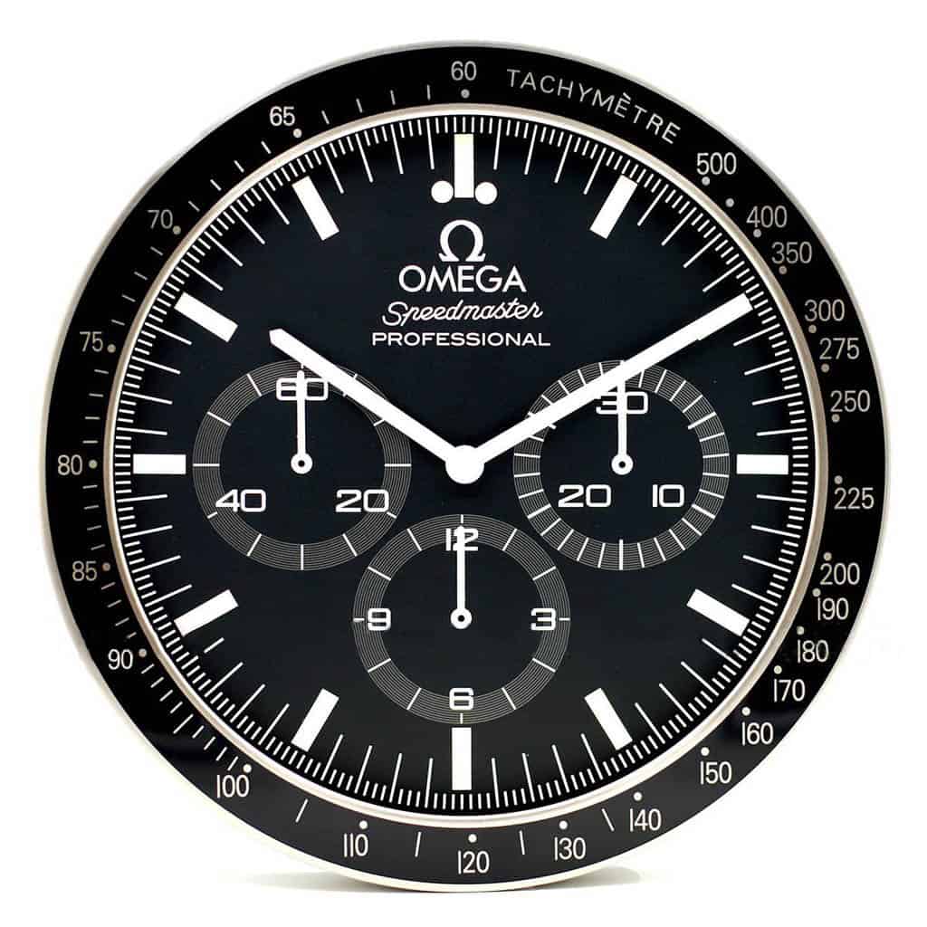 BWATCHE Speedmaster Moonwatch wall clock front view in stainless steel bezel