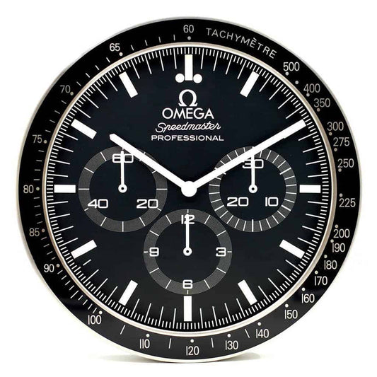 BWATCHE Speedmaster Moonwatch wall clock front view in stainless steel bezel