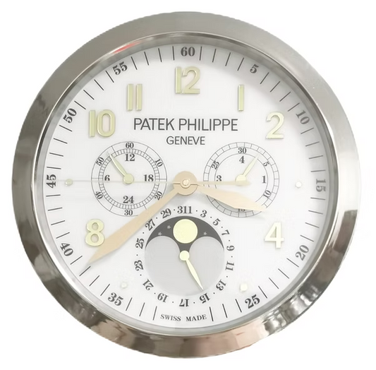 Angled view of stainless steel Patek Philippe Grand Complications wall clock