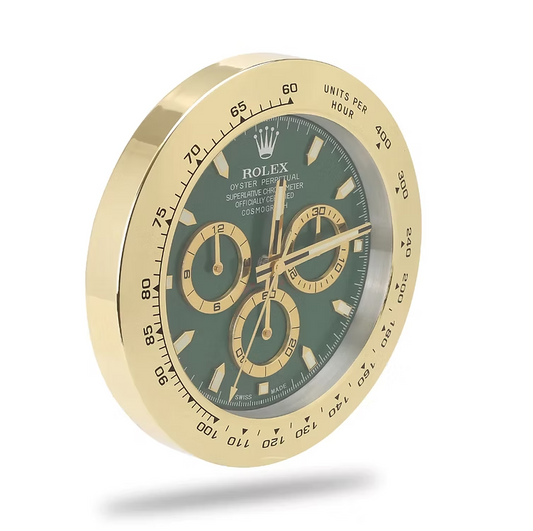 Side profile of Rolex Daytona Gold & Green Wall Clock showing depth and construction