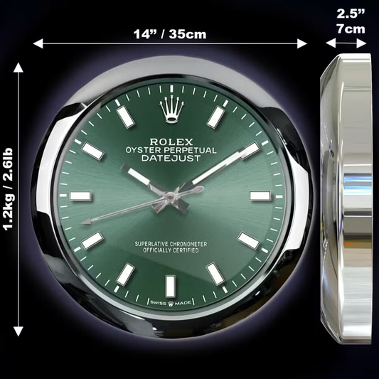 Close-up of Rolex Oyster Green dial with luminous markers and refined detailing.