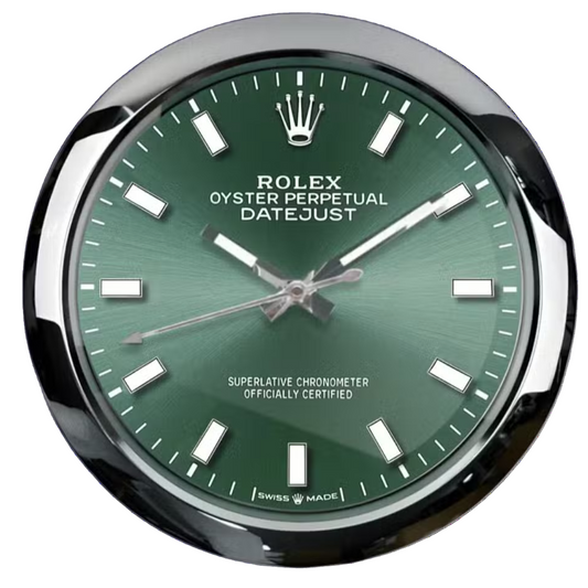 front view of Rolex Oyster Perpetual Green Wall Clock with stainless steel frame and green dial
