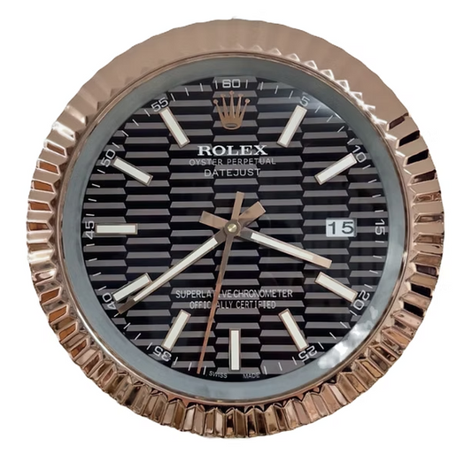 Rolex Rose gold luxury fluted-bezel wall clock with black patterned dial, rose-gold markers, and sweeping quartz movement
