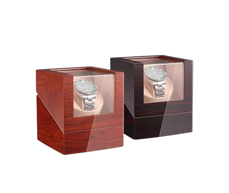 Two wooden watch boxes, watch winder, watch winder for Rolex, watch winder for Omega, watch winder for Breitling, watch winder for TAG Heuer, watch winder for Tudor, watch winder for Cartier, watch winder for IWC, watch winder for Patek Philippe, watch winder for Audemars Piguet, watch winder for Longines, watch winder for Panerai, watch winder for Tissot, watch winder for Seiko, watch winder for Citizen, watch winder for Hublot, automatic winder for Rolex Submariner, winder for Daytona watches, luxury watc