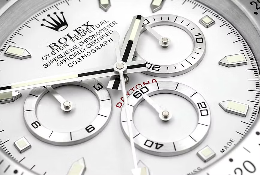 Close-up of Bwatch Daytona style dial with 3D chronograph rings
