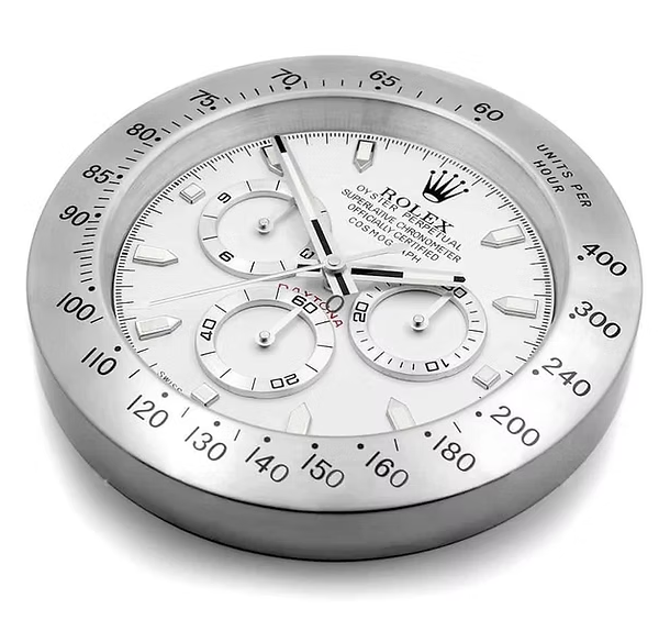 Elegant Bwatch silver wall clock featuring white dial and raised markers