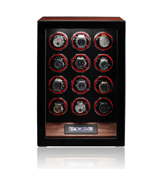 Bwatche Aegis 12-Watch Fingerprint Winder front view showing luxury wooden finish