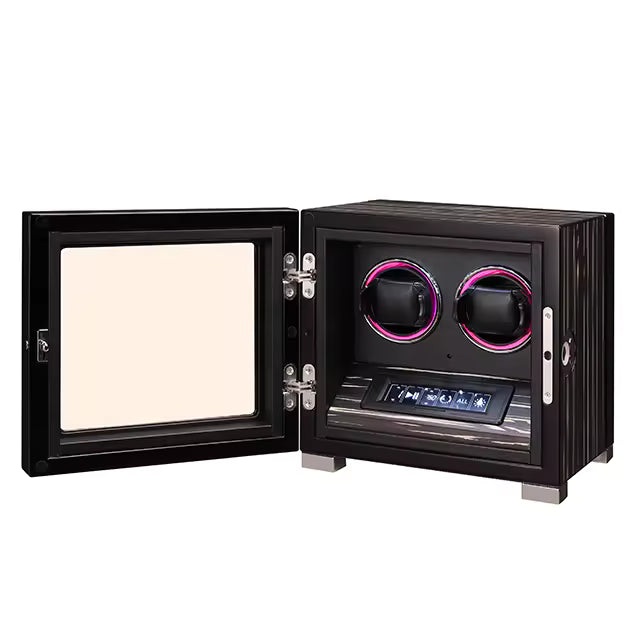 Open lid view showing two-watch capacity and velvet interior