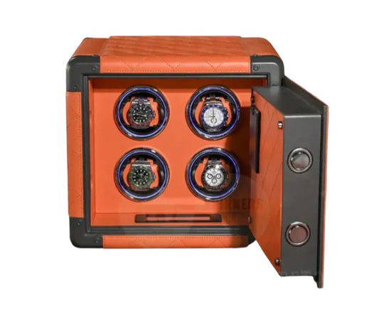 Bwatche AURA Four Safe Watch Winder front view with steel and leather finish