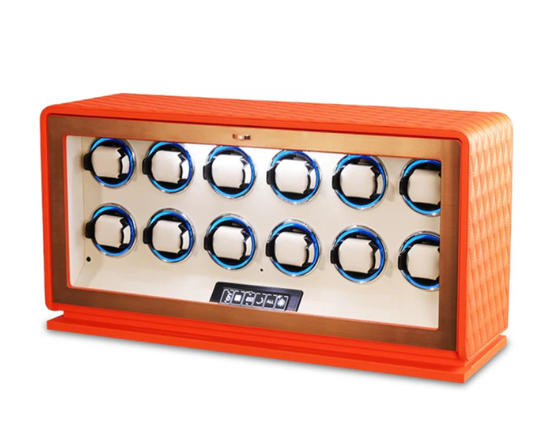 Bold orange and beige quilted leather Bwatche Eternum watch winder for luxury collections