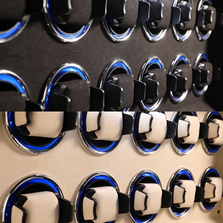 Open Bwatche Eternum automatic winder displaying twelve timepieces under LED lighting