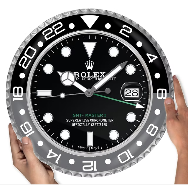 Close-up of black and grey dial on GMT Bruce Wayne wall clock