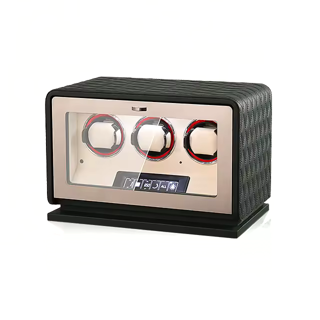 Bwatche GrandTourner Luxe 3-Watch Automatic Winder — Swiss-made luxury leather winder with LED lighting.