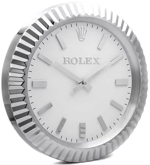 Close-up of Rolex Datejust style wall clock in polished silver finish