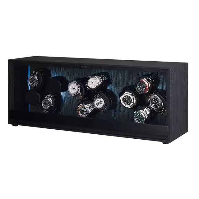 Luxury 12-slot wooden watch winder with LED lighting and glass display