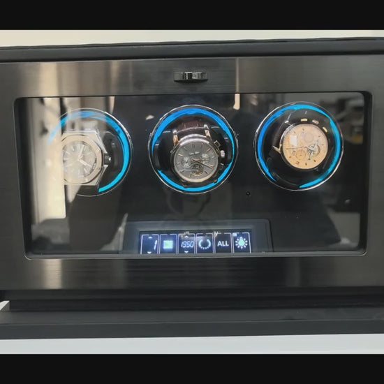 Elegant packaging of Bwatche GrandTourner Luxe 3-Watch Automatic Winder — Swiss luxury presentation.