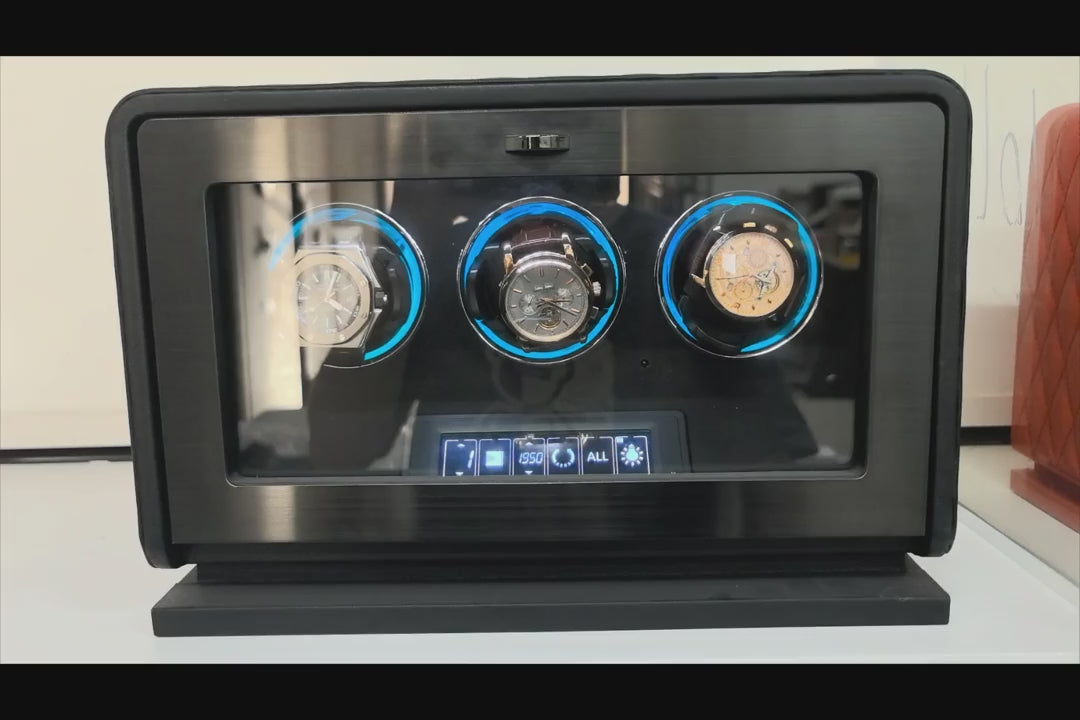 Elegant packaging of Bwatche GrandTourner Luxe 3-Watch Automatic Winder — Swiss luxury presentation.