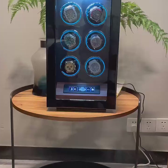 Demonstration video of Bwatches luxury 6 watch winder, LED control, silent motor, and rotation settings
