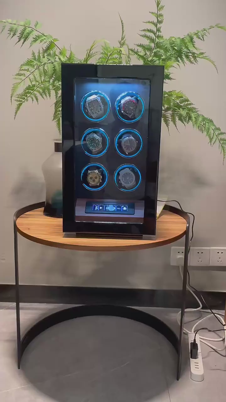 Demonstration video of Bwatches luxury 6 watch winder, LED control, silent motor, and rotation settings