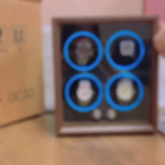 Luxury watch collection displayed inside Bwatche Quatro 4-slot winder