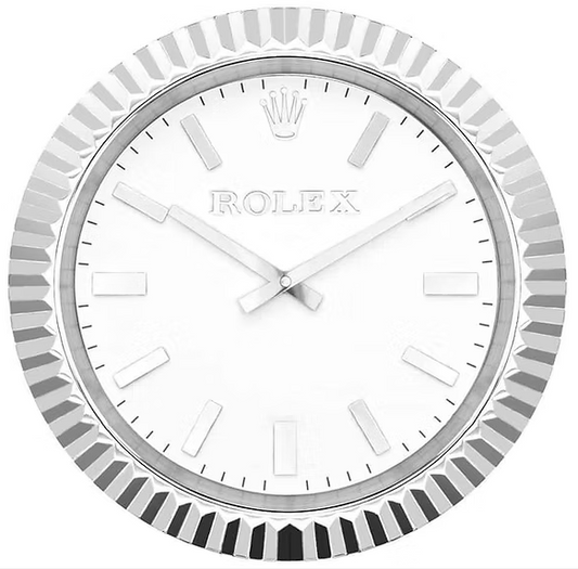 Rolex-inspired silver and white presidential wall clock with fluted bezel